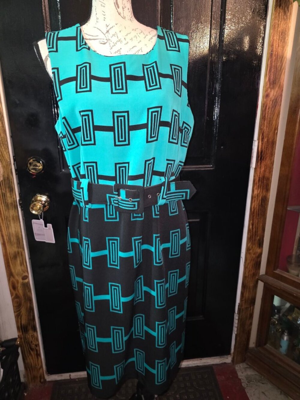 ILE New York Womens Geometric Print Sleeveless Dress With Belt Size 12 Made In C